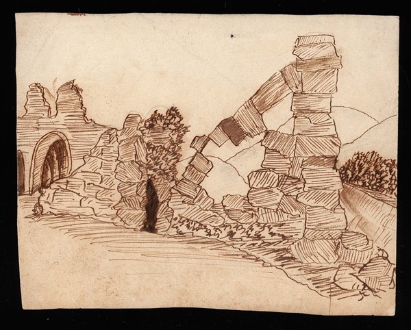 H.C. Andersen-tegning: Ruin, murbrokker (Tegning i blæk og blyant)